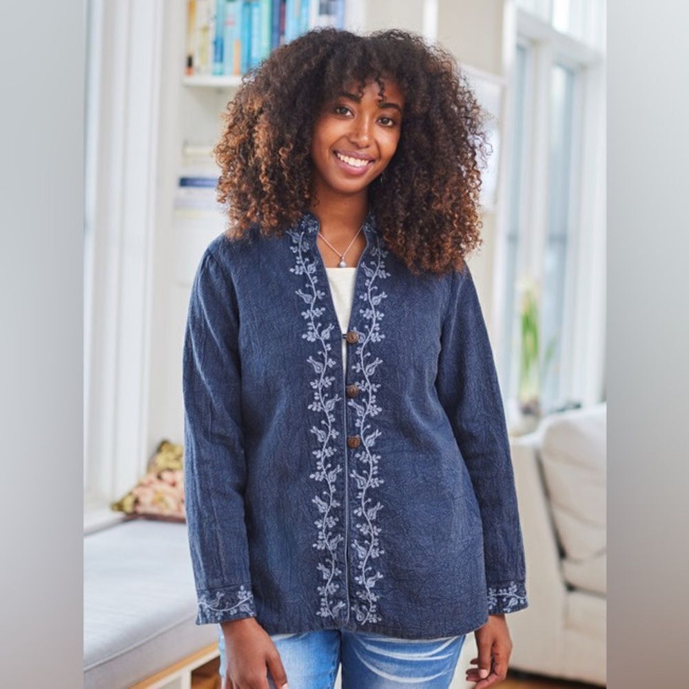 April Cornell Literary Jacket Sunwashed Navy Embroidered W Buttons Size Small